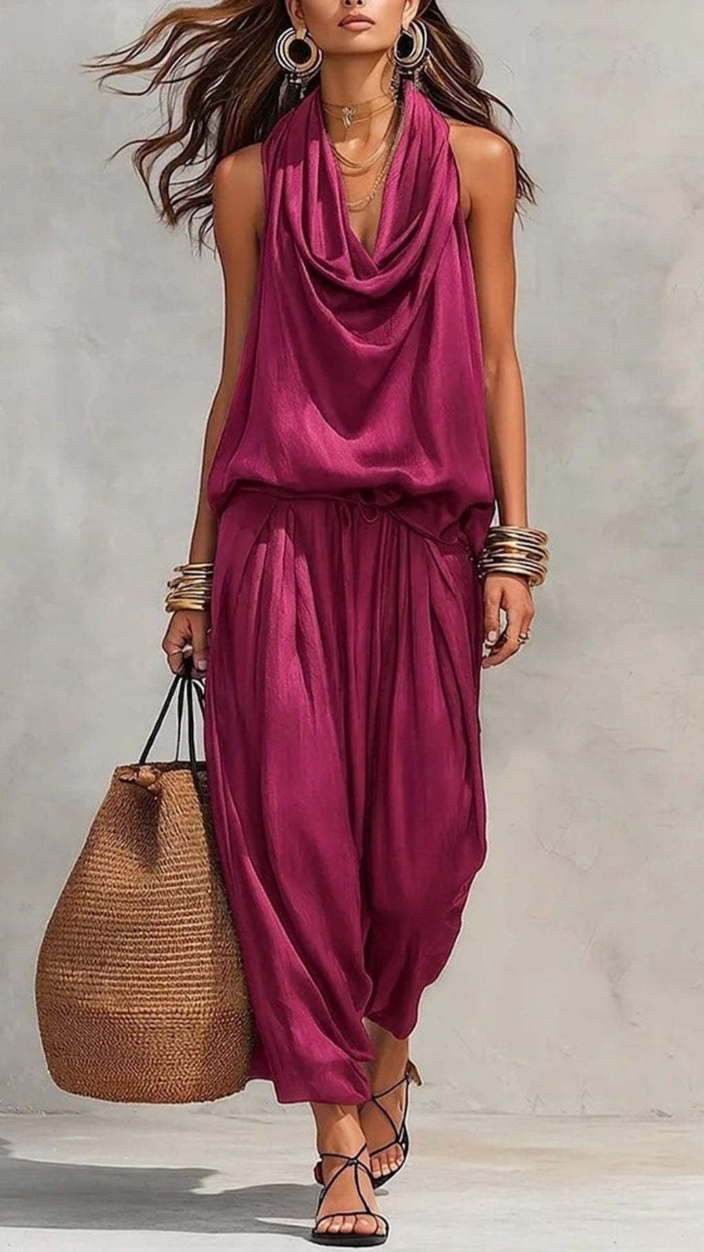 Women’s Cotton-Blend Cowl Neck Sleeveless Wide-Leg Pants Set