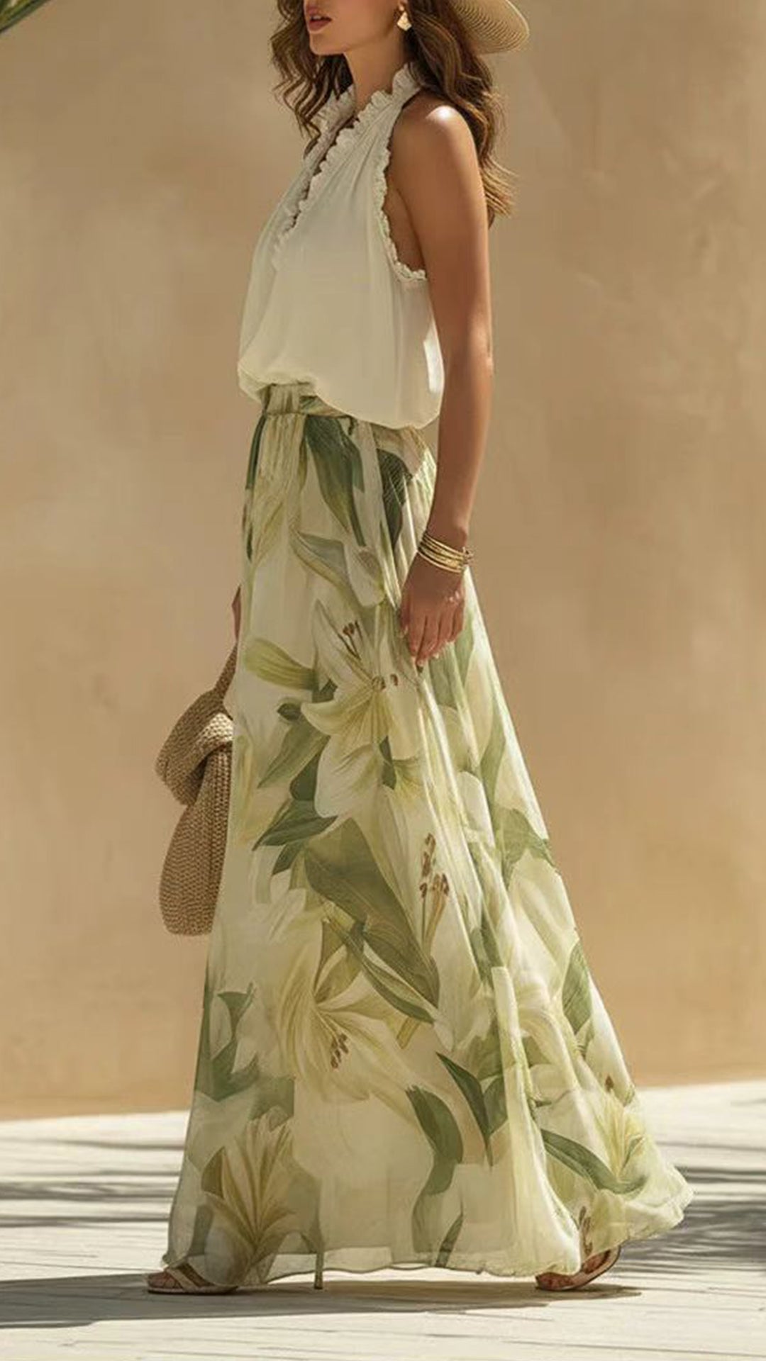 🔥Women’s Cotton-Blend Halter Ruffled Floral Wide-Leg Pants Set