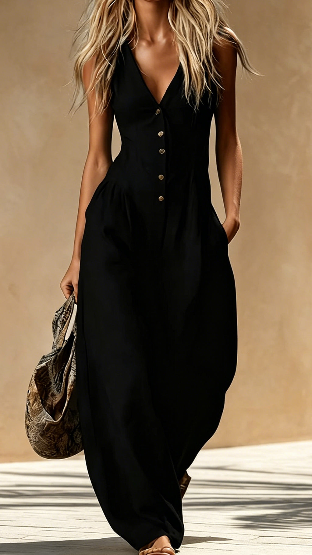 Women’s Cotton-Blend V-Neck Sleeveless Wide-Leg Jumpsuit