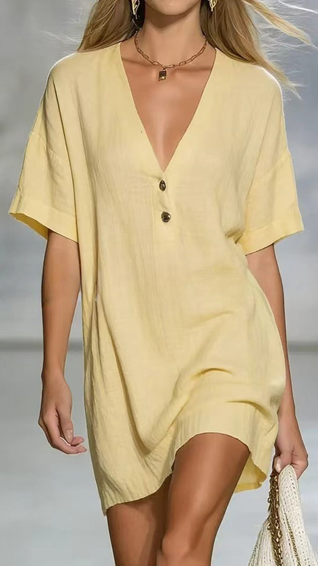 Women’s Linen-Cotton V-Neck Loose Shift Dress