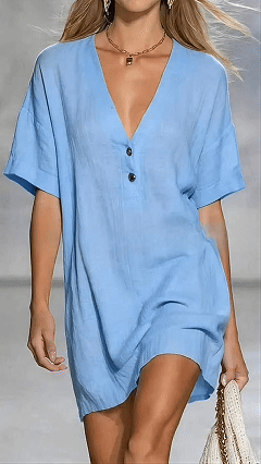 Women’s Linen-Cotton V-Neck Loose Shift Dress