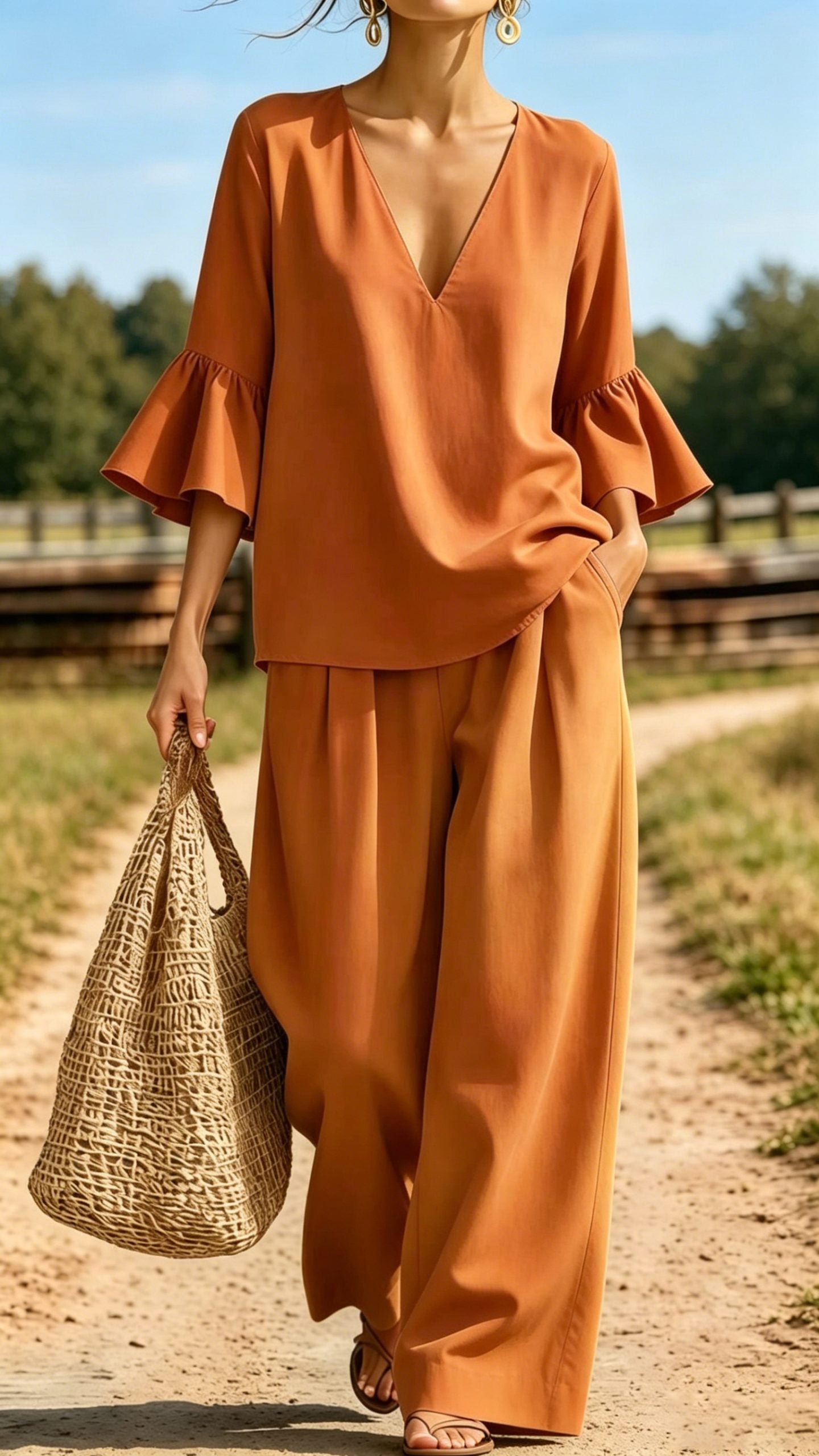 Women’s Casual & Comfortable Two-Piece Set: V-Neck Top with Ruffle Sleeves and Wide-Leg Pants