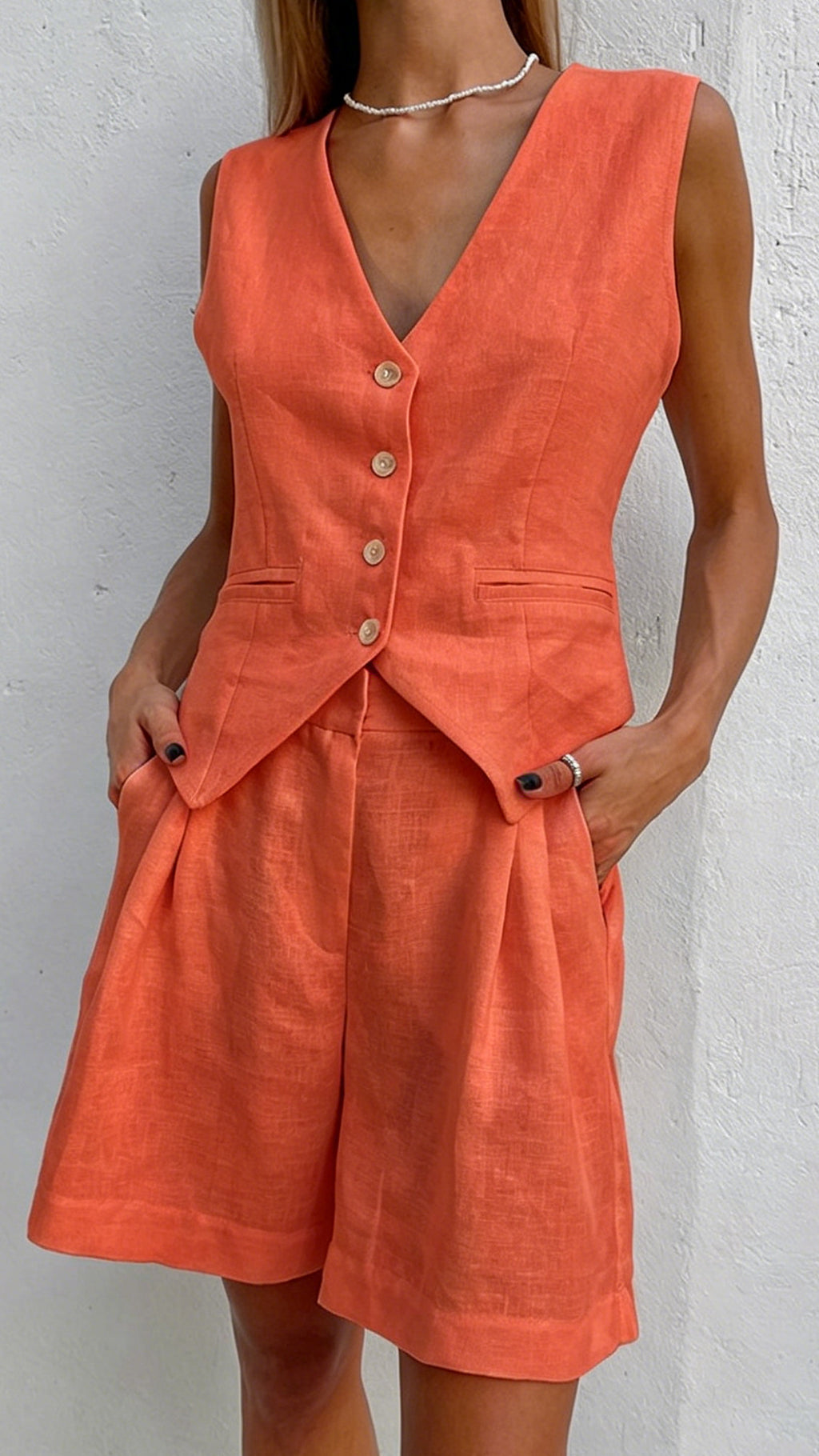 Women’s Cotton-Linen Blend V-Neck Waistcoat & High-Waisted Shorts Set