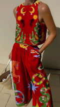 Women’s Linen-Cotton Blend Whimsical Print Tank Top & Wide-Leg Pants Set