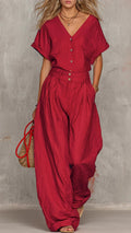 Women’s Cotton-Blend Textured V-Neck Top & Wide-Leg Pants Set