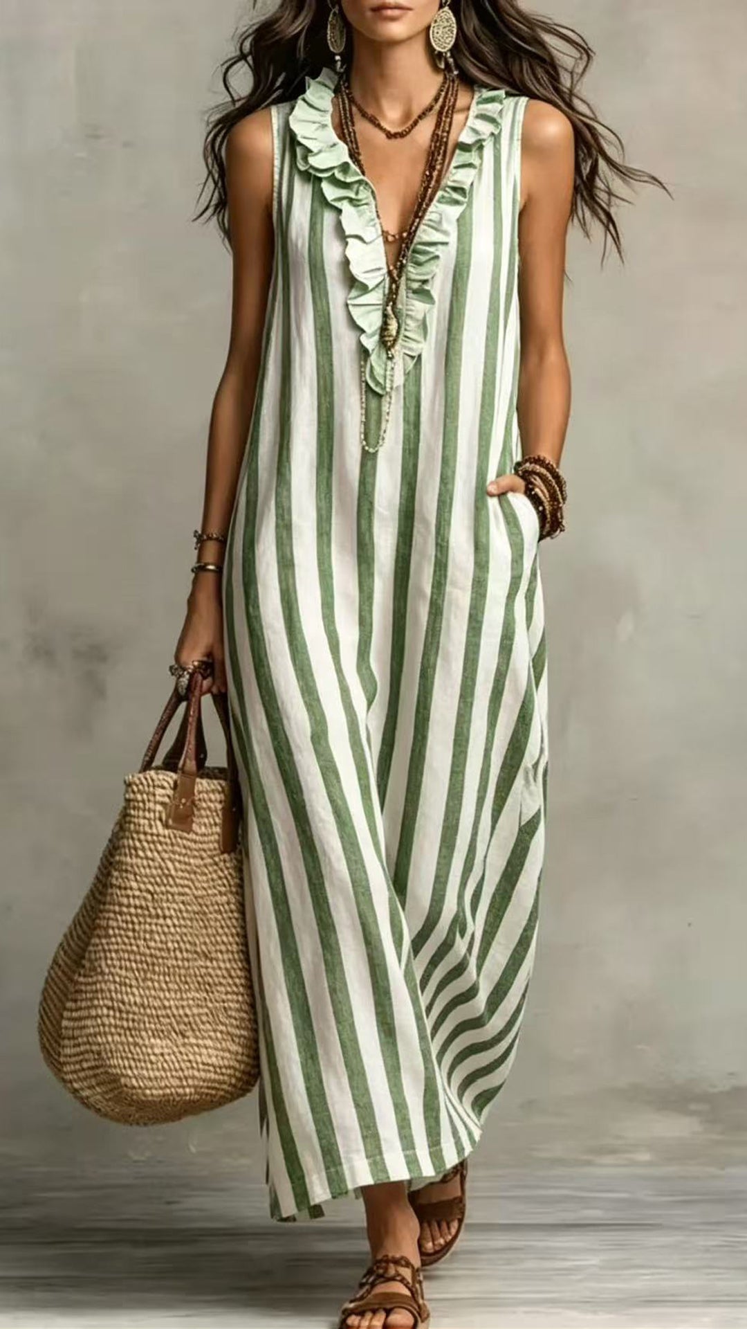 Women’s Cotton-Blend Striped Sleeveless Maxi Dress