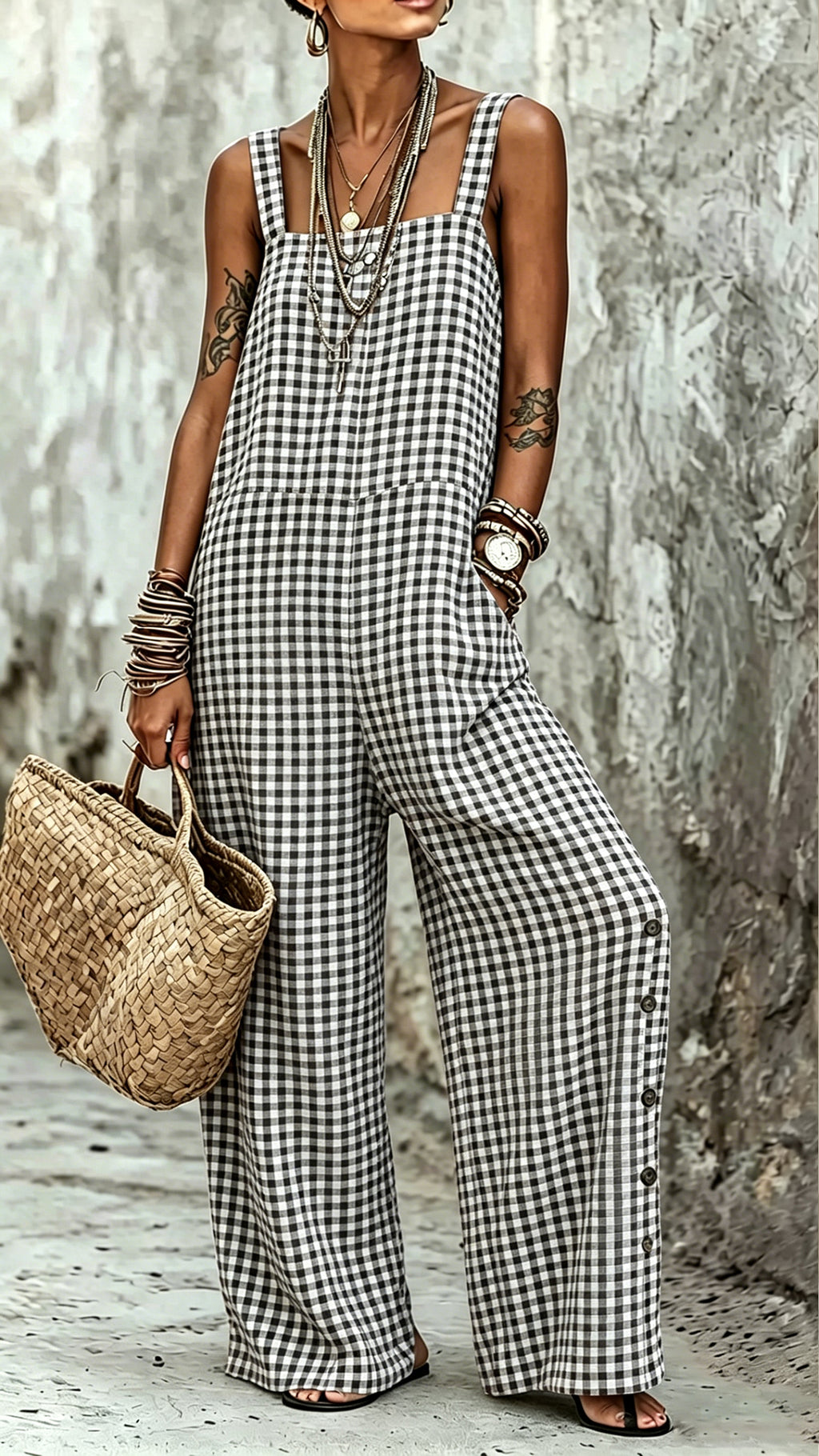Women’s Cotton-Blend Gingham Sleeveless Wide-Leg Jumpsuit
