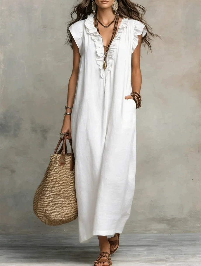 Women’s Solid Color Ruffled Art Casual Fashion Cozy Cotton Linen Dress