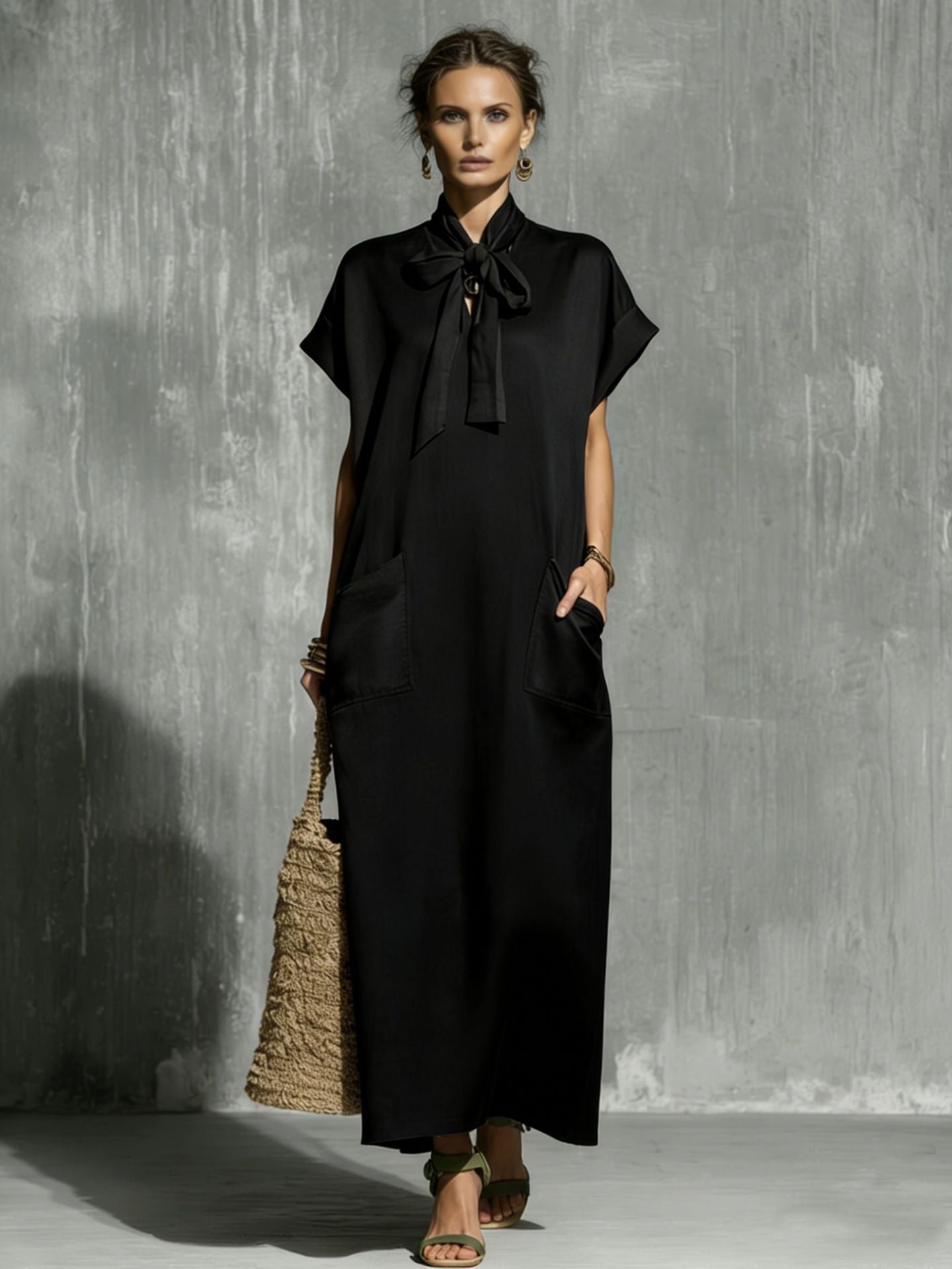 Women’s Solid-color V-neck Short-sleeve Casual Loose Cotton-linen Dress