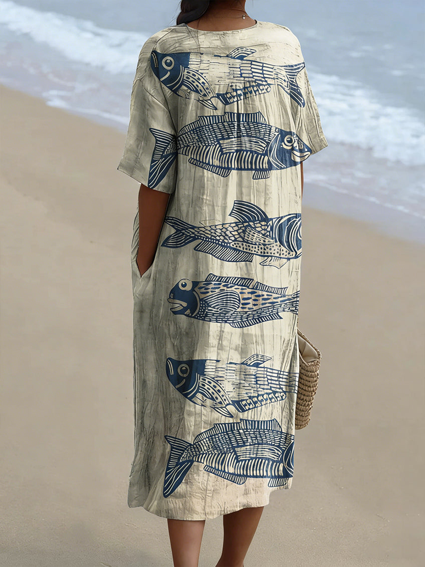 Women’s Vintage Lovely Fish Art Print Flowy Dress