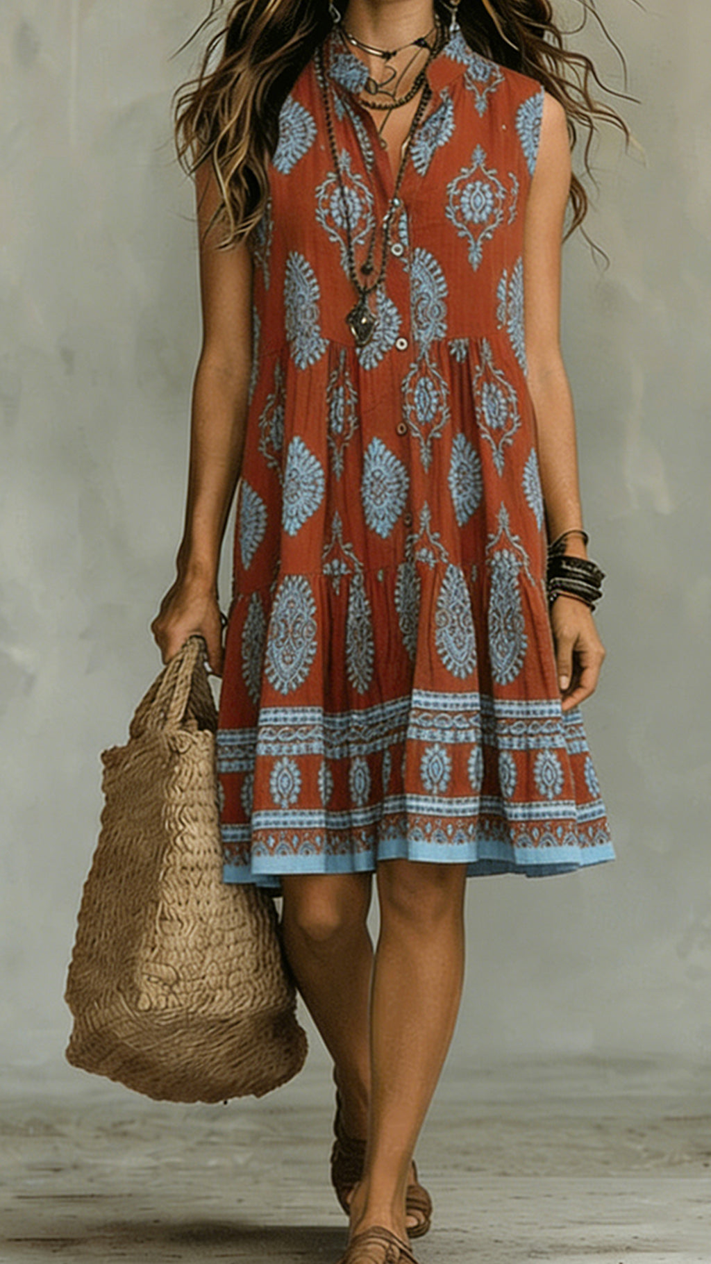 [Buy 2 Free Shipping]Bohemian-Style Printed Sleeveless Maxi Dress with Shirt Collar