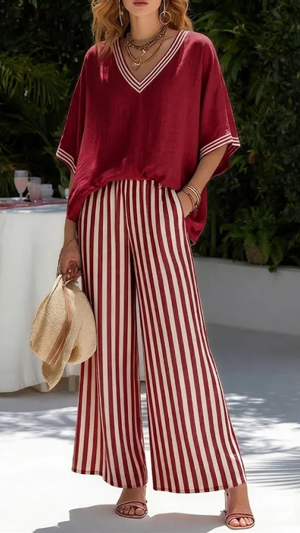 Solid-Color Top & Striped Wide-Leg Pants Set — Loose-Fit, Slimming, and Breathable