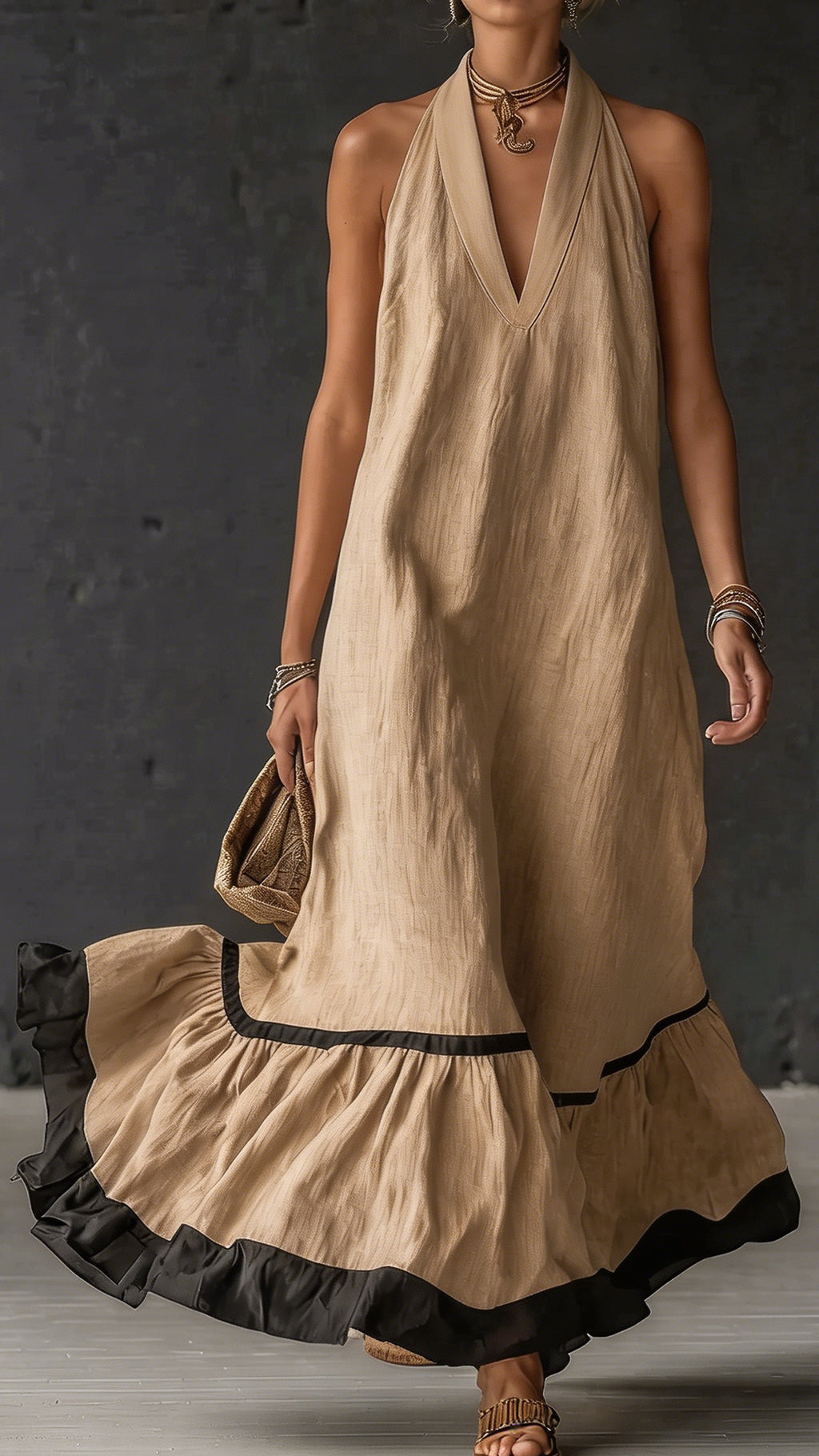 Elegant & Romantic Color-Block Halter Maxi Dress ✨ Plus-Size Friendly