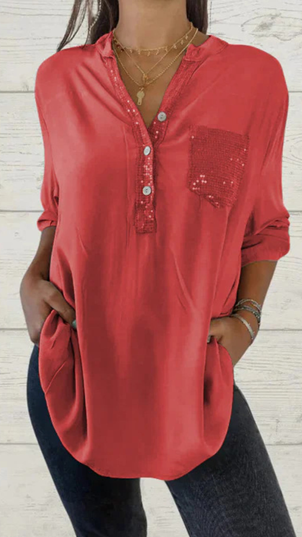 Solid color V-neck pocket women’s top shirt in multiple colors