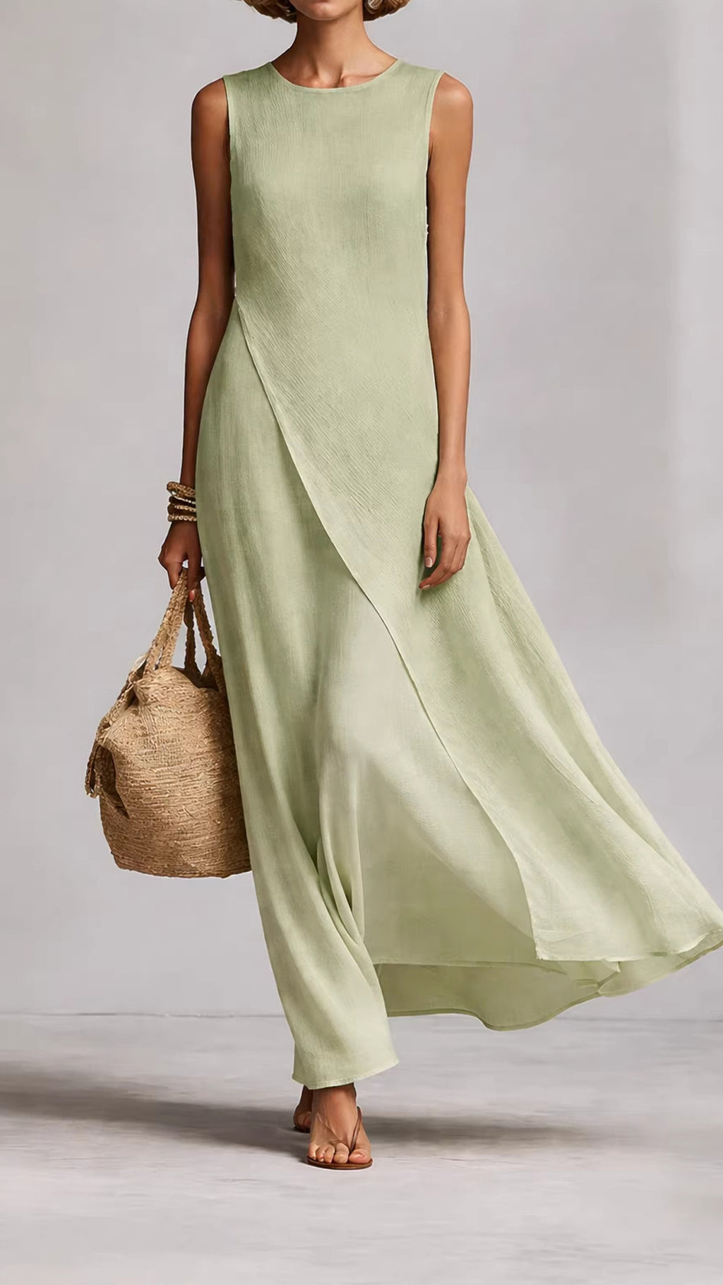 Sleeveless asymmetrical hem cotton-linen blend dress