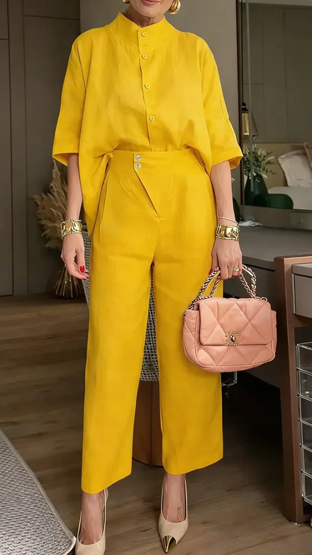 Women’s Stand Collar Batwing Sleeve Linen Shirt + Wide-Leg Pants Set