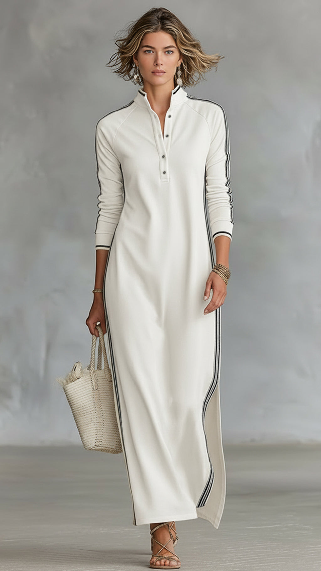 Women’s Black and White Striped Sporty Stand-Collar Maxi Dress