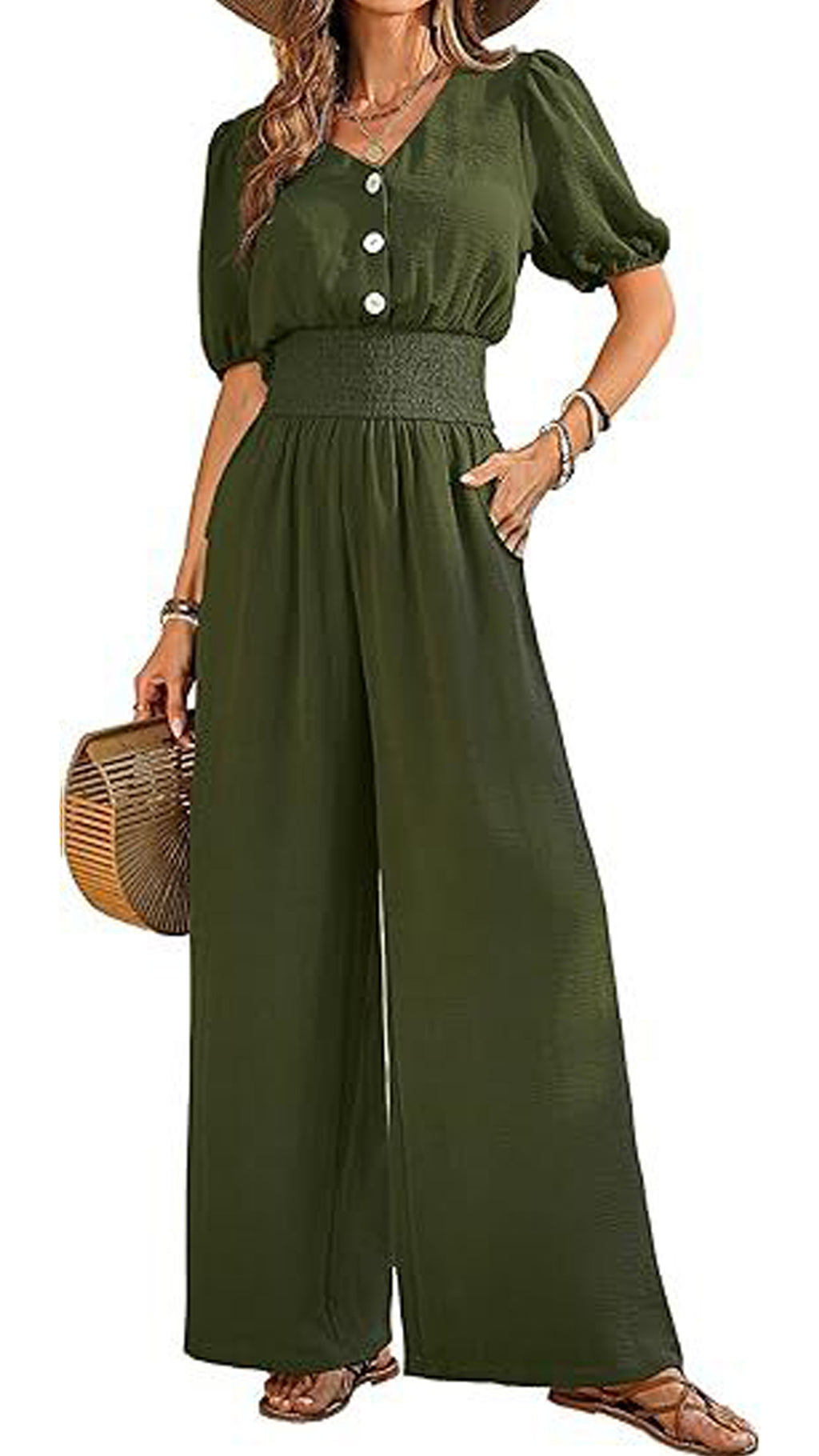Women’s V-Neck Jumpsuit with Puff Sleeves, Cinched Waist, and Wide Legs