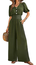 Women’s V-Neck Jumpsuit with Puff Sleeves, Cinched Waist, and Wide Legs