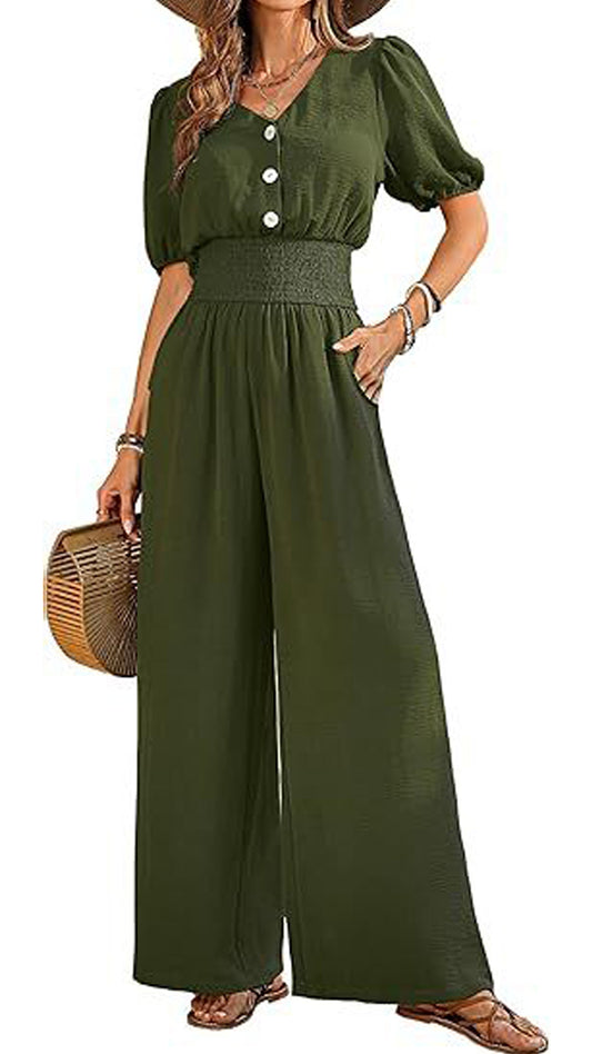 Women’s V-Neck Jumpsuit with Puff Sleeves, Cinched Waist, and Wide Legs