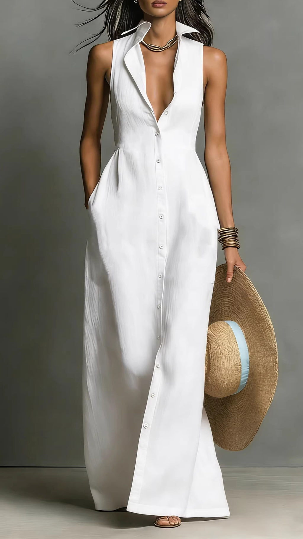Women’s Sleeveless Collared Waist-Cinching Long Shirt Dress