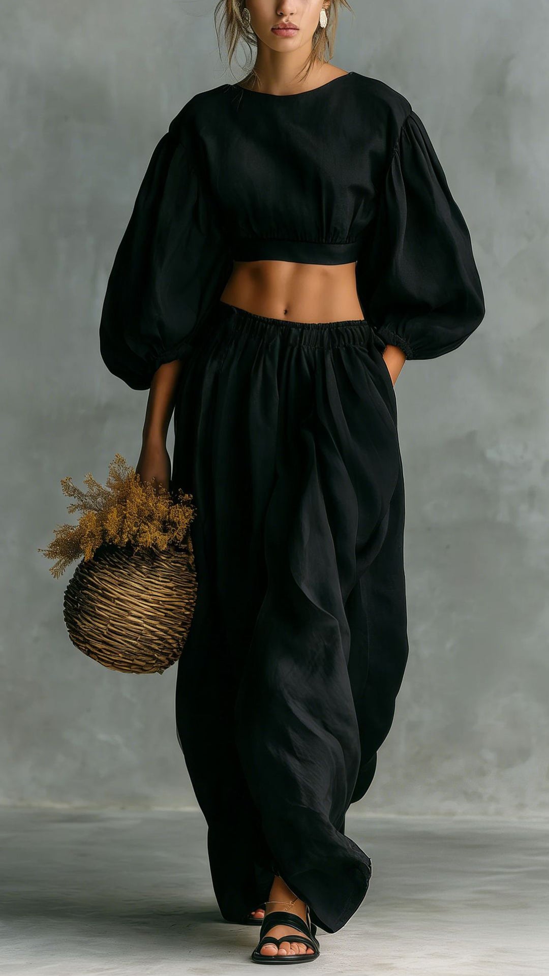 Women’s Puff-Sleeve, Waist-Cinching, Wide-Leg Two-Piece Set