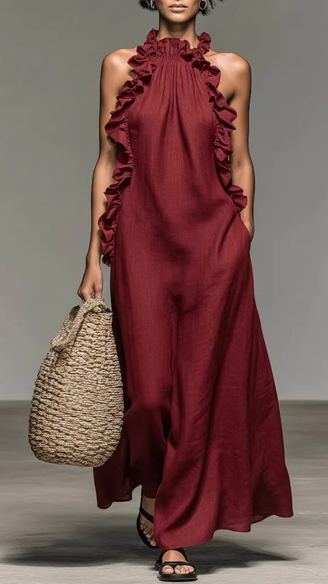 Women’s Halter-Neck Ruffled Sleeveless Maxi Dress