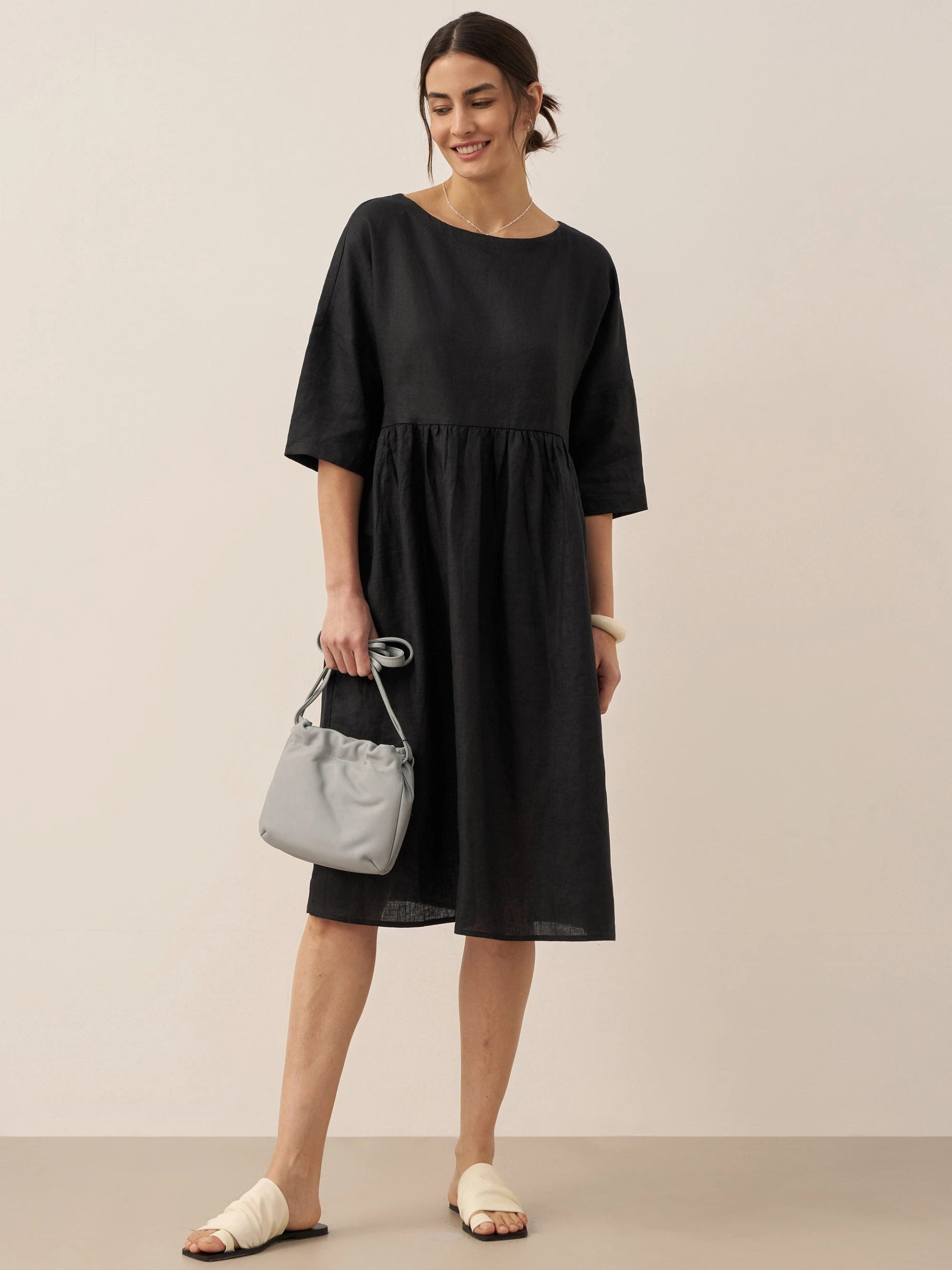 Women’s Cotton-Linen Casual Short-Sleeve Dress Loose Fit, Round Neck, Pockets, and Pleated Details