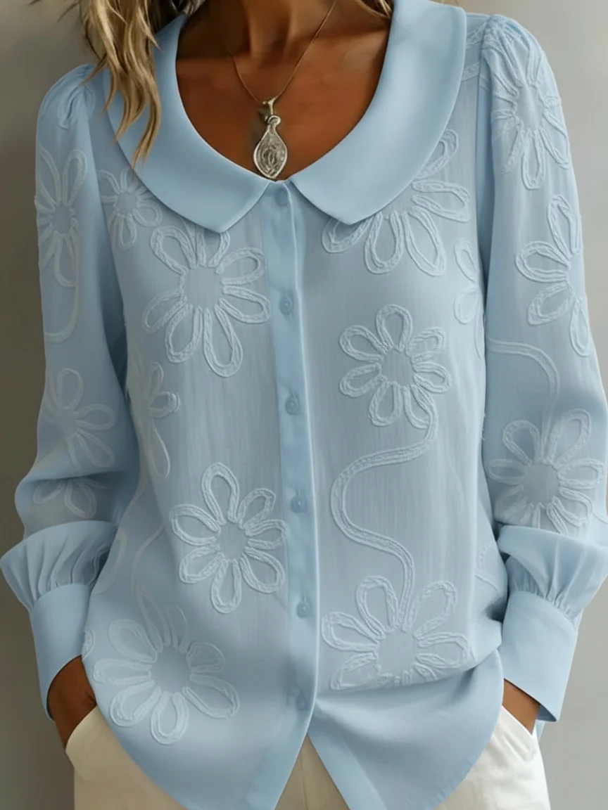 Vintage Peter Pan Collar Embroidered Floral Shirt