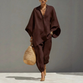 Women’s Solid Color V-neck Long Sleeve Casual Loose Cotton Linen Top With Elastic Waist And Wide-leg Pants Set