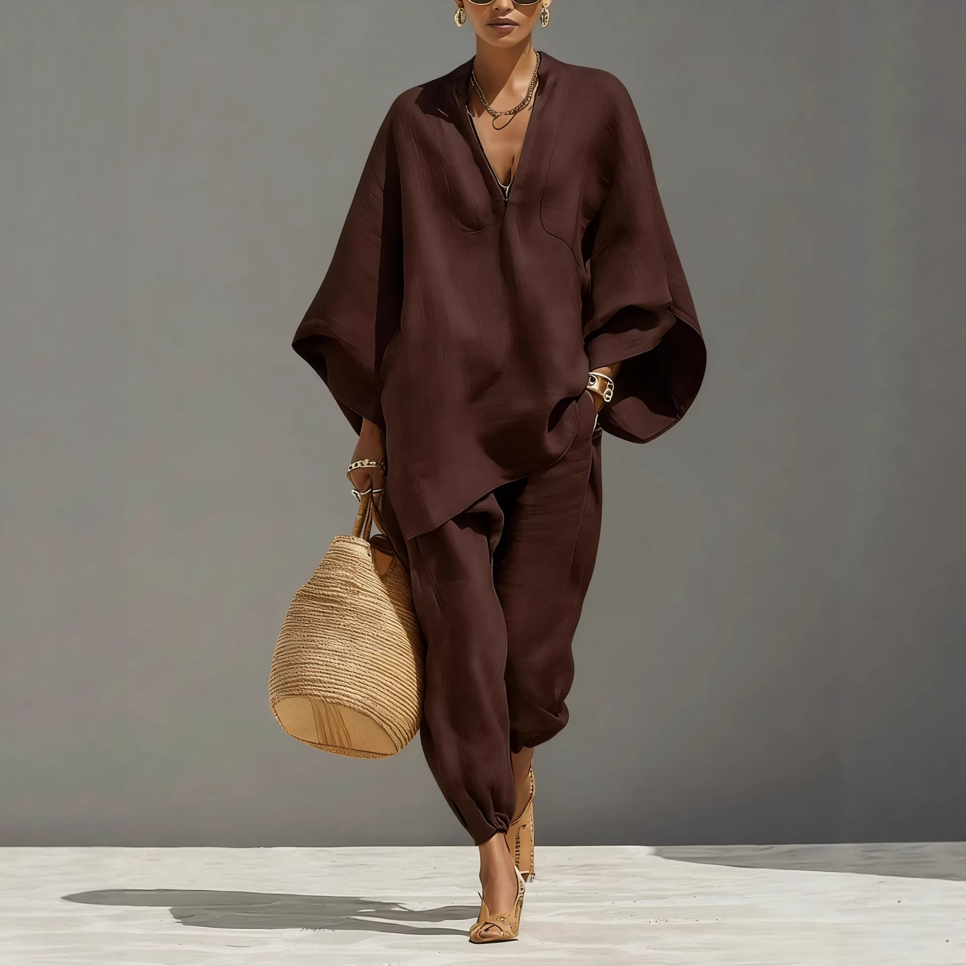 Women’s Solid Color V-neck Long Sleeve Casual Loose Cotton Linen Top With Elastic Waist And Wide-leg Pants Set
