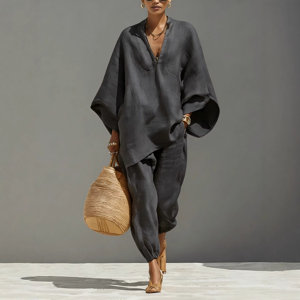 Women’s Solid Color V-neck Long Sleeve Casual Loose Cotton Linen Top With Elastic Waist And Wide-leg Pants Set
