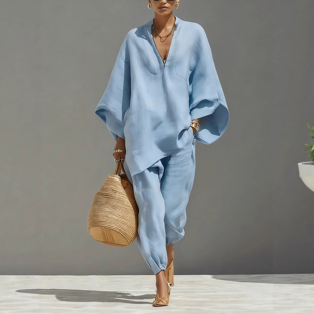 Women’s Solid Color V-neck Long Sleeve Casual Loose Cotton Linen Top With Elastic Waist And Wide-leg Pants Set