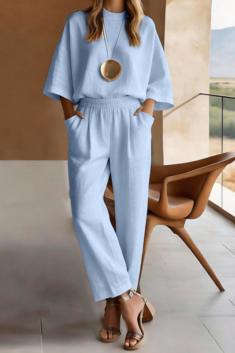 Plus Size Friendly Women’s Round Neck Solid Color Casual Seven Sleeve Set