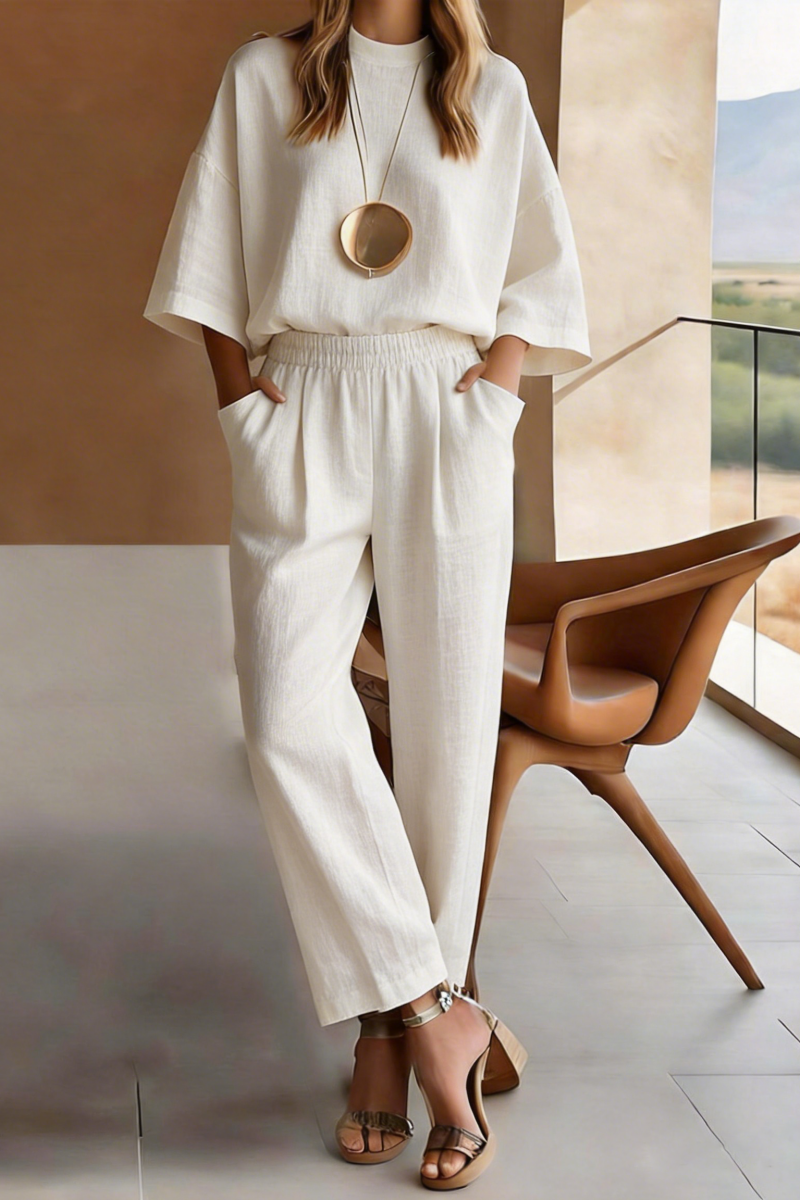 Plus Size Friendly Women’s Round Neck Solid Color Casual Seven Sleeve Set