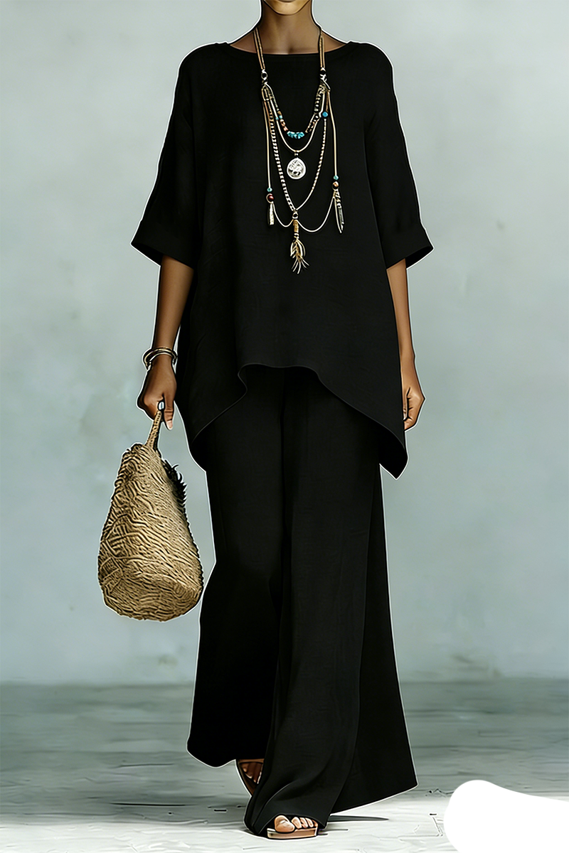 Plus Size Friendly Women’s Elegant & Simple Loose-Fit Solid-Color Top and Wide-Leg Pants Set