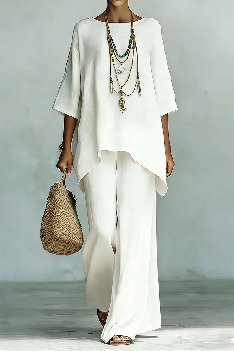 Plus Size Friendly Women’s Elegant & Simple Loose-Fit Solid-Color Top and Wide-Leg Pants Set