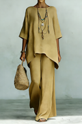 Plus Size Friendly Women’s Elegant & Simple Loose-Fit Solid-Color Top and Wide-Leg Pants Set