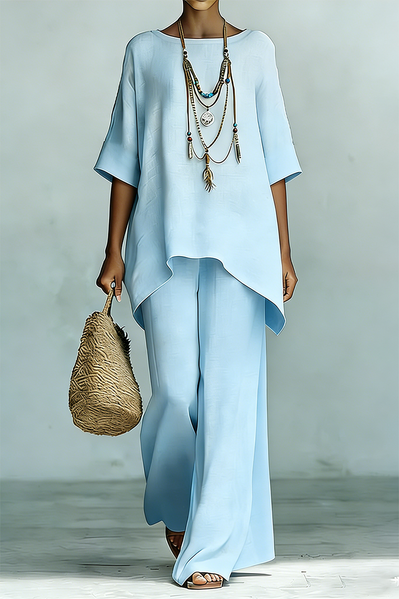 Plus Size Friendly Women’s Elegant & Simple Loose-Fit Solid-Color Top and Wide-Leg Pants Set
