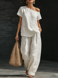 Women’s Casual & Comfortable Minimalist-Style Two-Piece Set — Asymmetrical Shoulder Linen Outfit