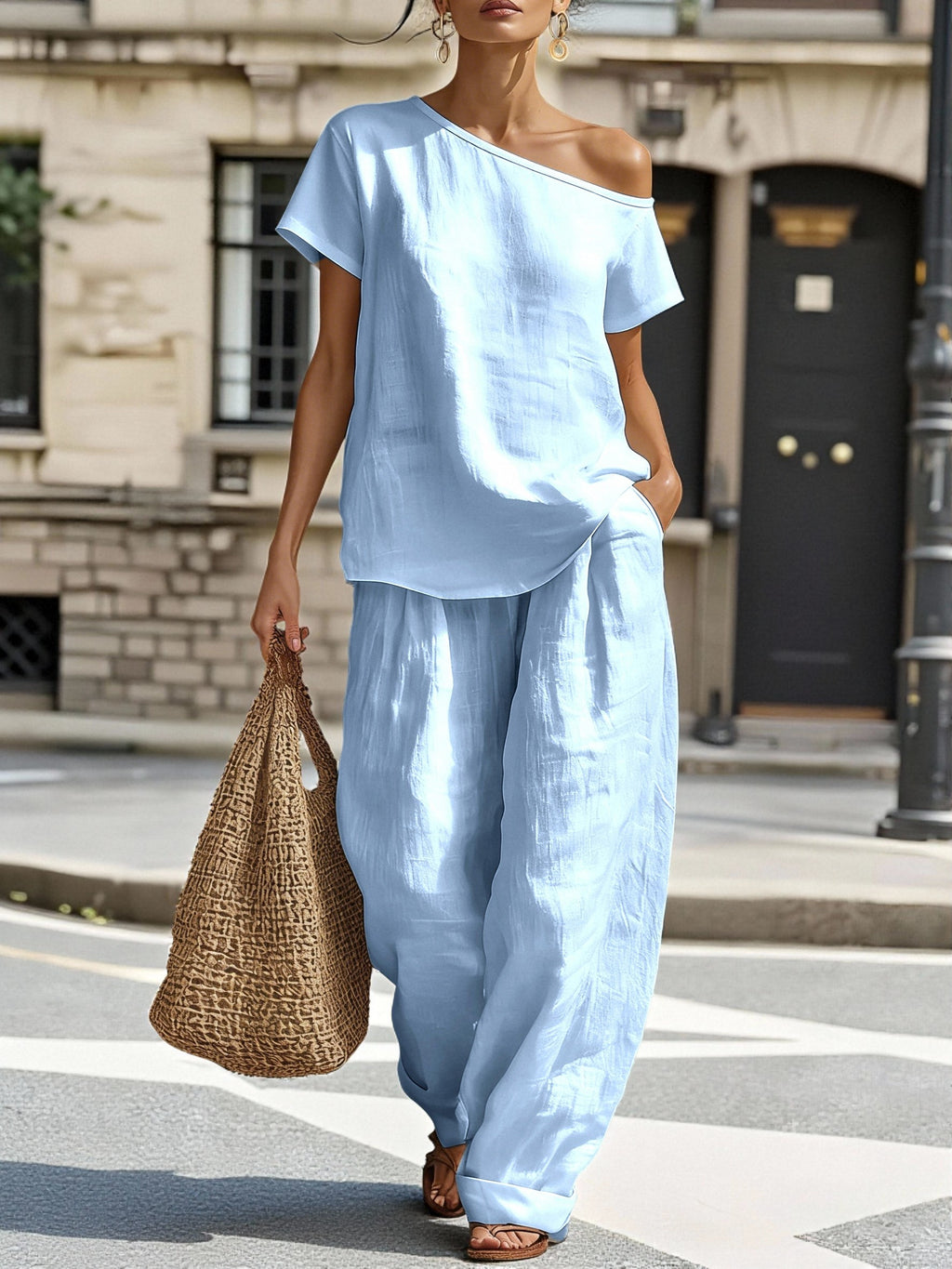Women’s Casual & Comfortable Minimalist-Style Two-Piece Set — Asymmetrical Shoulder Linen Outfit