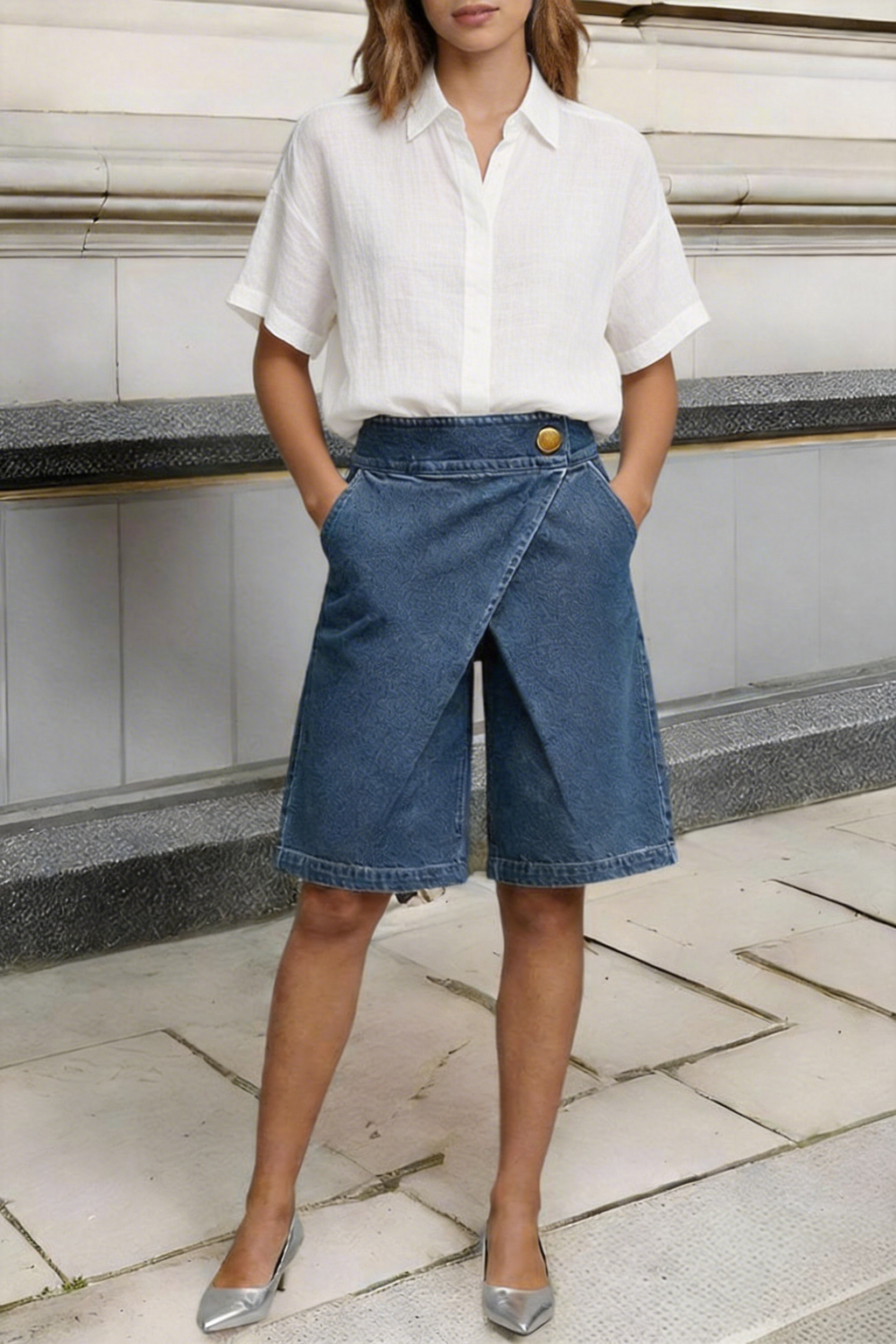 Women’s Faux-Denim Asymmetrical Bermuda Shorts
