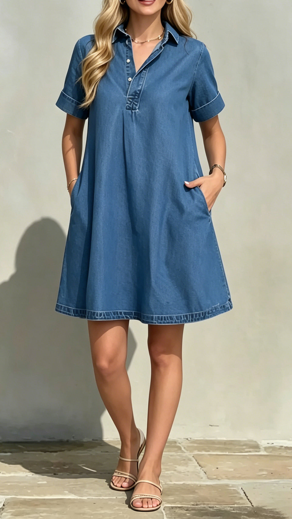 Women’s Collared Short-Sleeve Denim Loose-Fitting Mini Dress