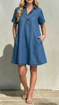 Women’s Collared Short-Sleeve Denim Loose-Fitting Mini Dress
