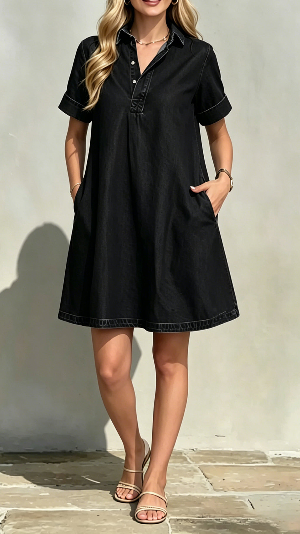 Women’s Collared Short-Sleeve Denim Loose-Fitting Mini Dress