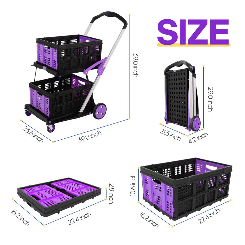 Multi use Functional Collapsible Carts,Mobile Folding Trolley,with Wheels & Removable Basket Carries,2 baskets included,Adjustable Foldable rolling trolley for home,grocery,supermarket. Lightweight,Purple Trolley Storage Crate Portable Convenience cart