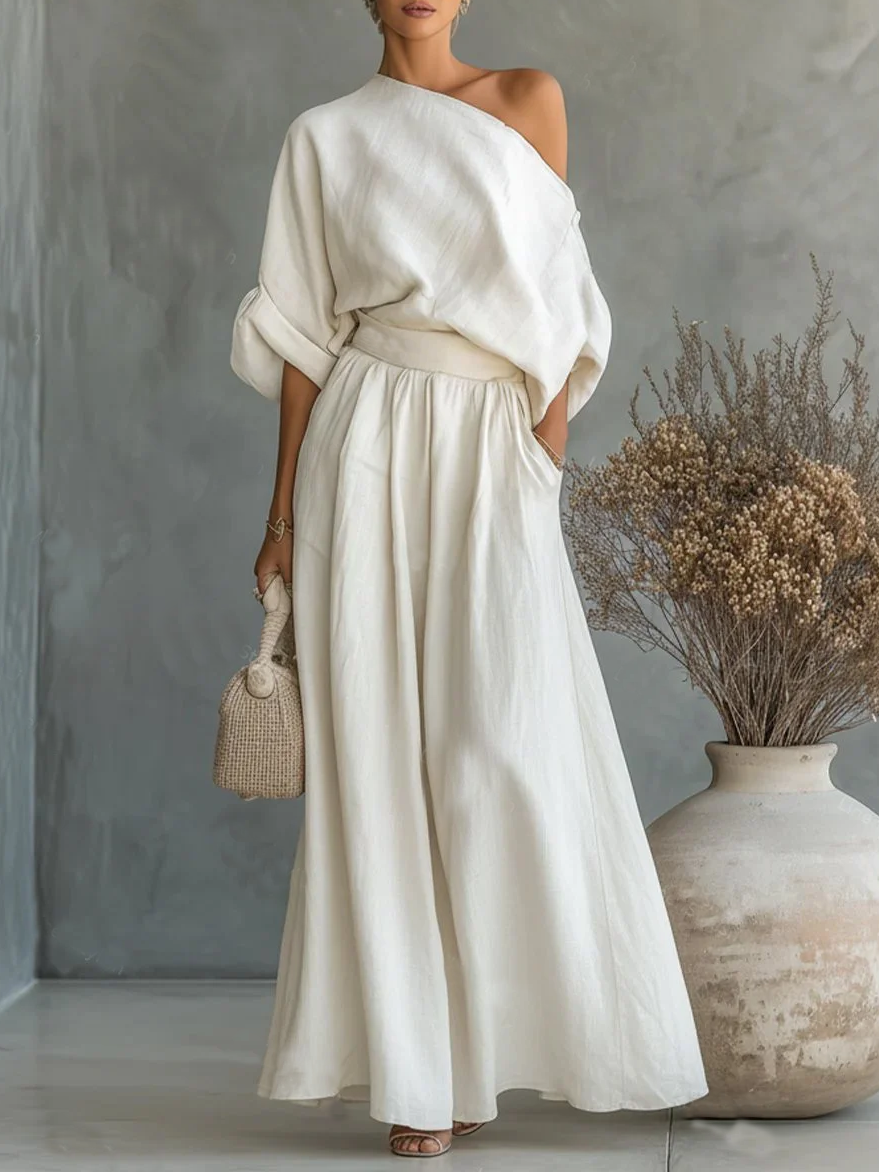 Women’s Elegant Off-Shoulder Shirt and Wide-Leg Pants Two-Piece Set