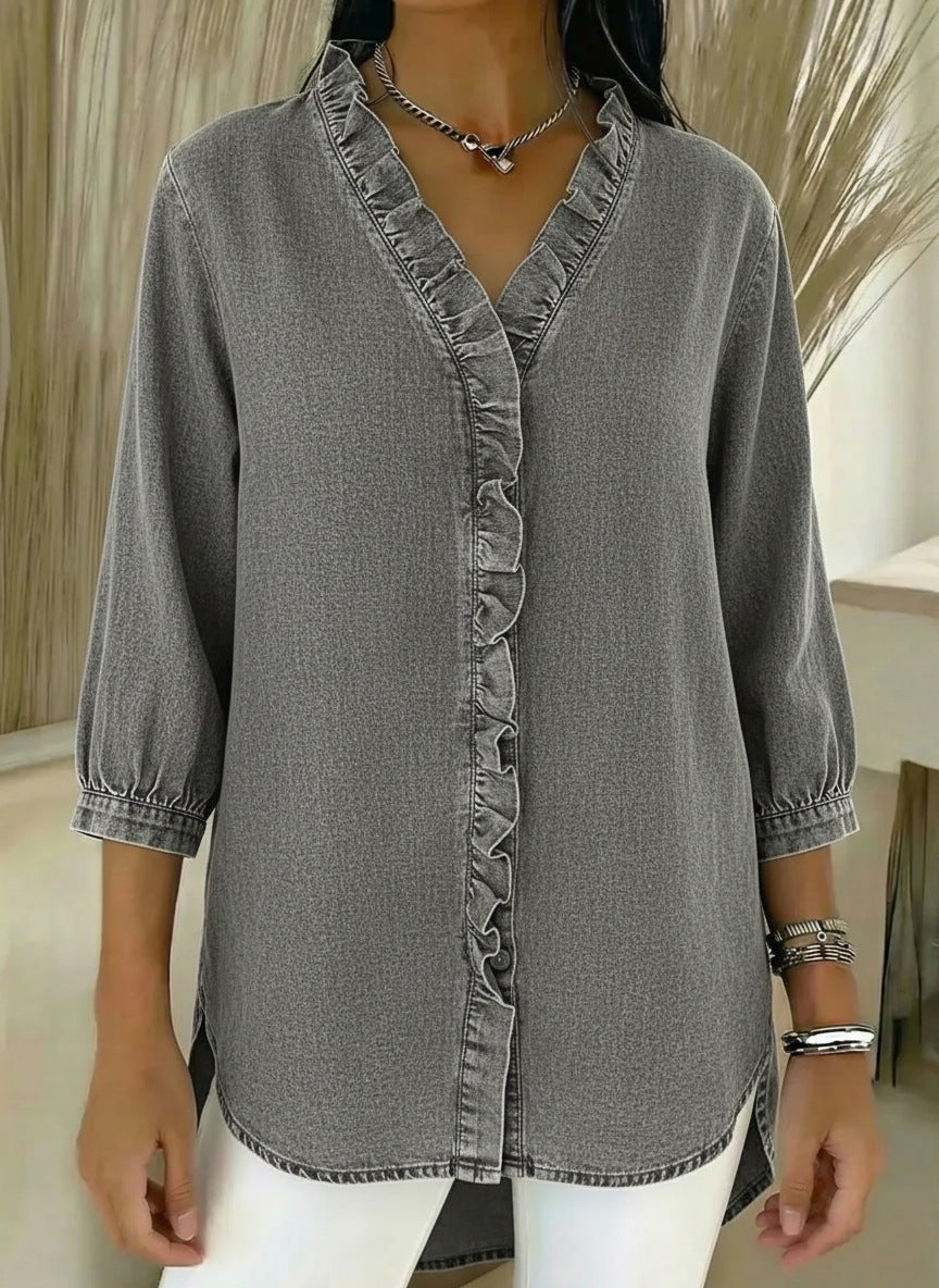 Women’s Casual Denim V-Neck Ruffled Shirt