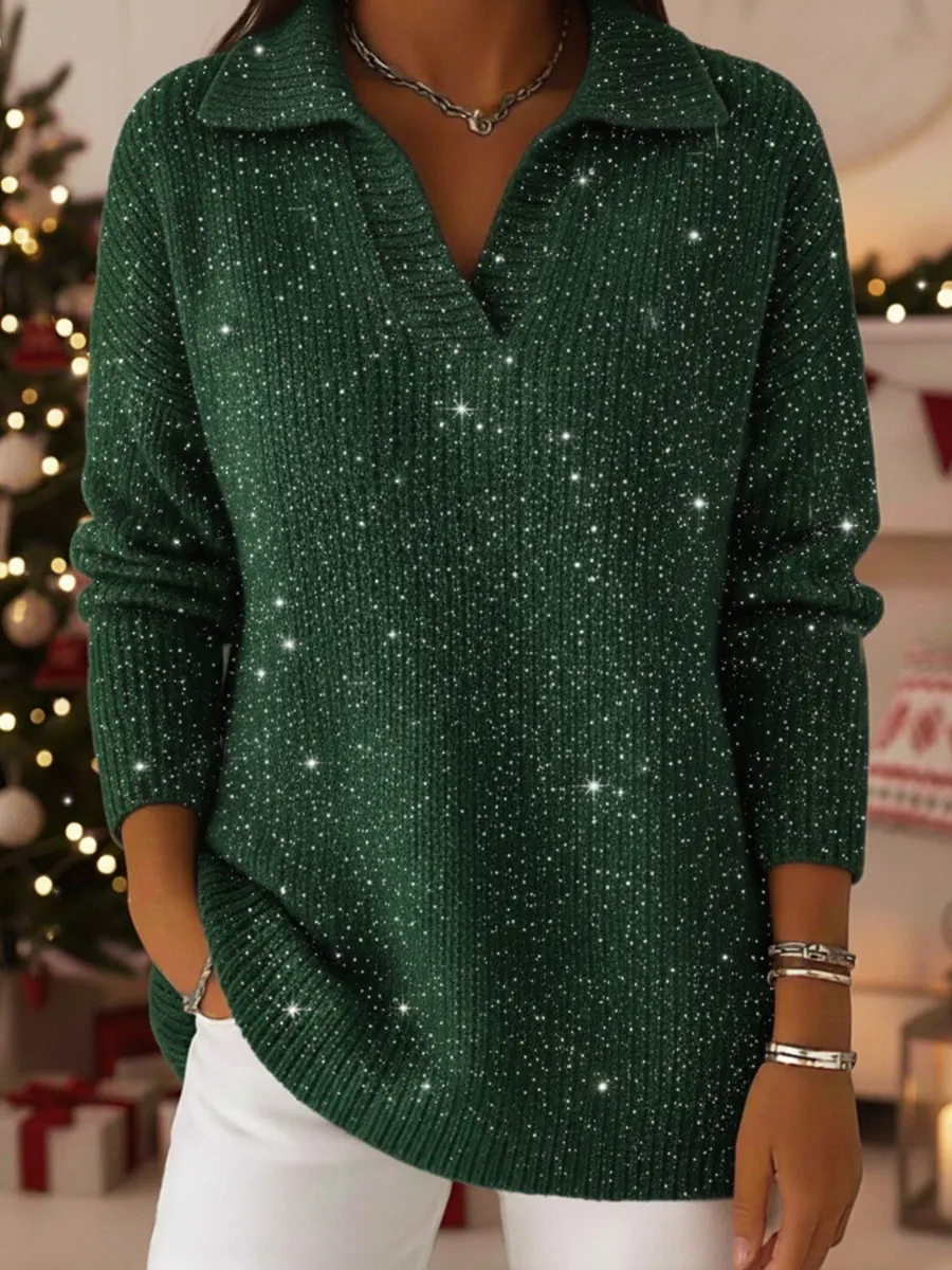 Elegant Polo Collar Shiny Loose Sweater Top | Clearance Sale🔥