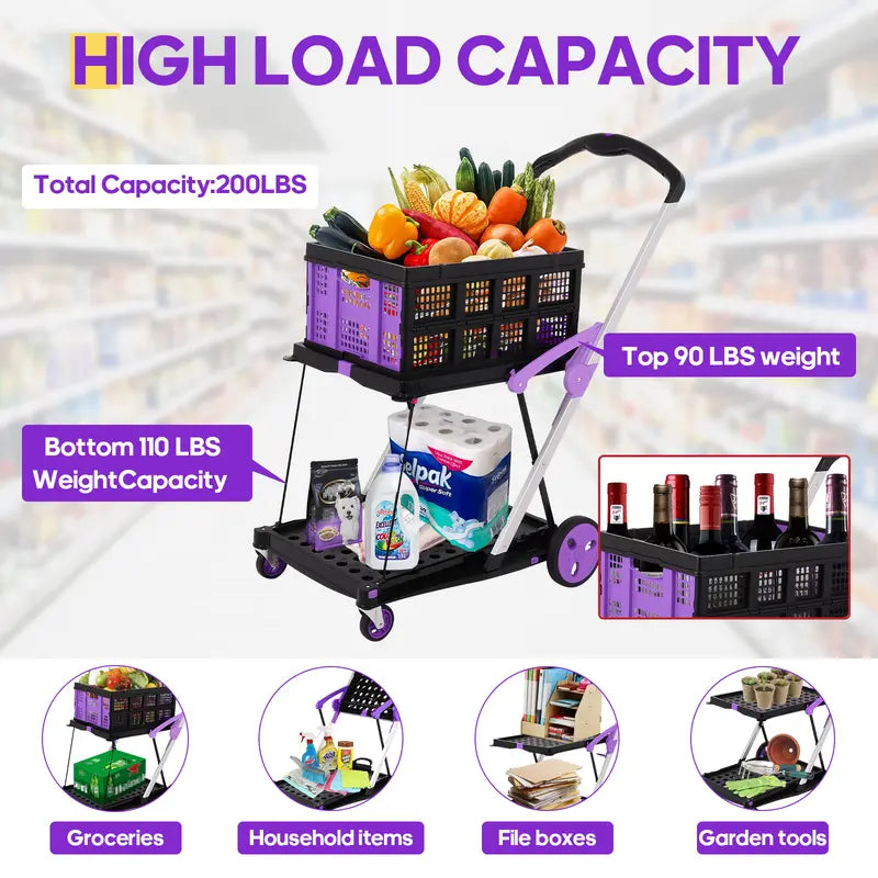 Multi use Functional Collapsible Carts,Mobile Folding Trolley,with Wheels & Removable Basket Carries,2 baskets included,Adjustable Foldable rolling trolley for home,grocery,supermarket. Lightweight,Purple Trolley Storage Crate Portable Convenience cart